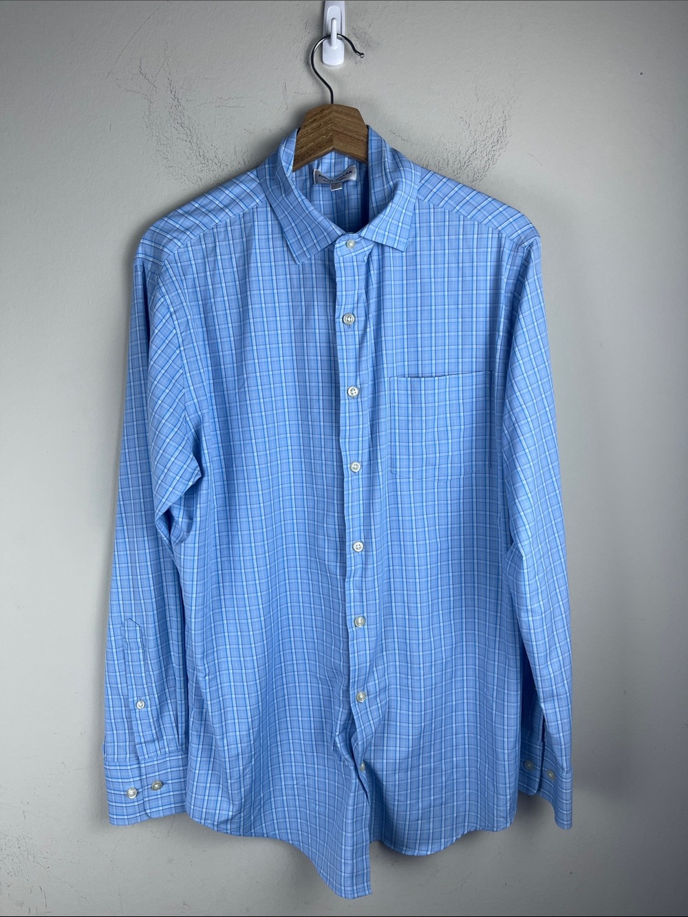 Peter Millar Summer Comfort Men's Medium Blue Windowpane Performance Dress Shirt